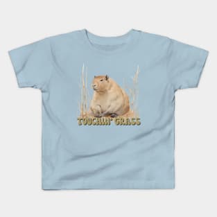 Touch Grass Meme Viral Funny Capybara Cute Japanese Art Style Retro Ukiyoe Kids T-Shirt